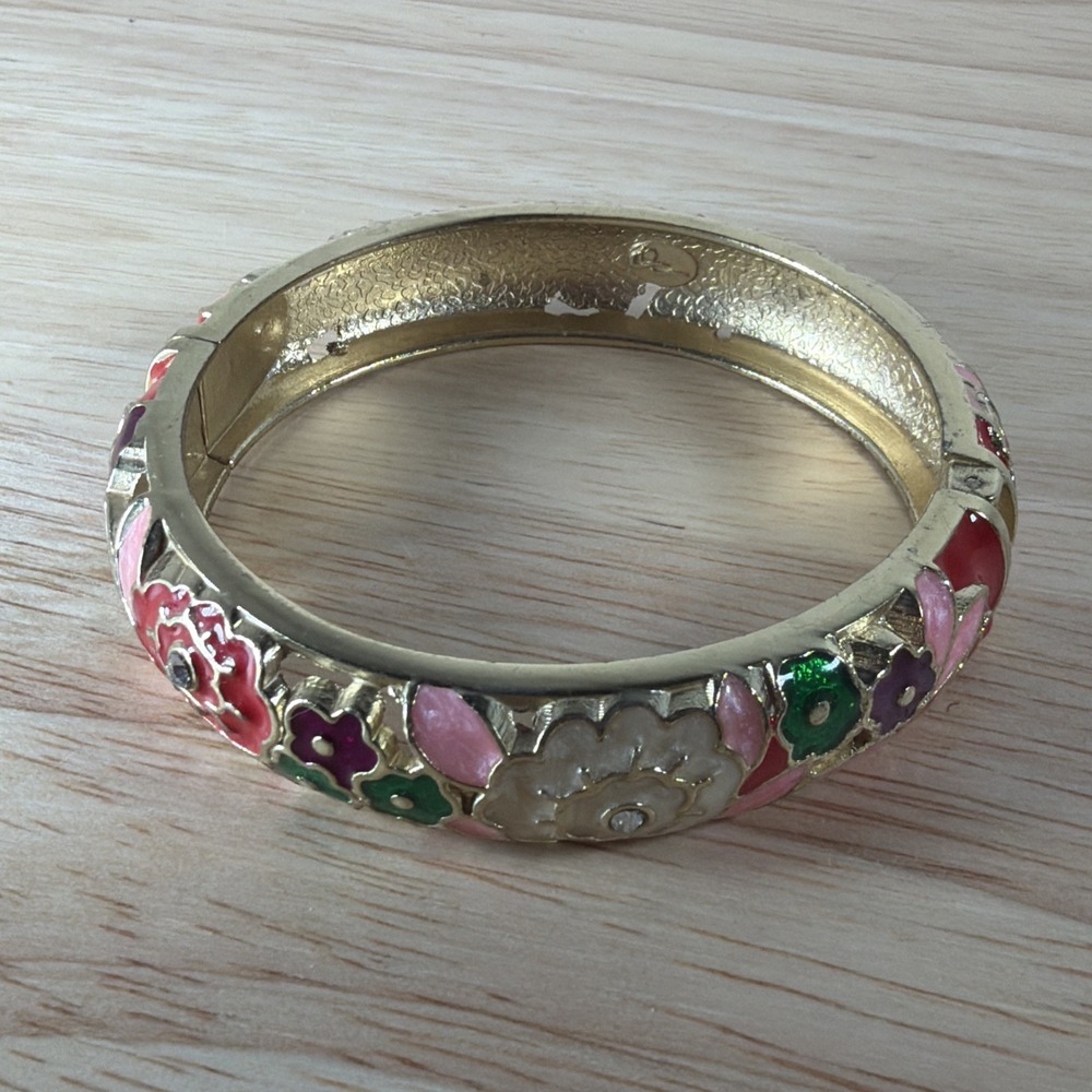 Red Flower Cloisonné Hinged Bangle Bracelet Gold Tone Retro Boho